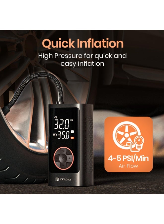 بورترونيكس Portronics Vayu 7.0 Tyre Inflator, Full-Size Digital Display, 4000 mAh Battery, 150 PSI Pressure, Preset Modes, Flashlight with SOS, Pressure Detection, for Cars, Bikes, Bicycles & Balls(Black) - Image 2